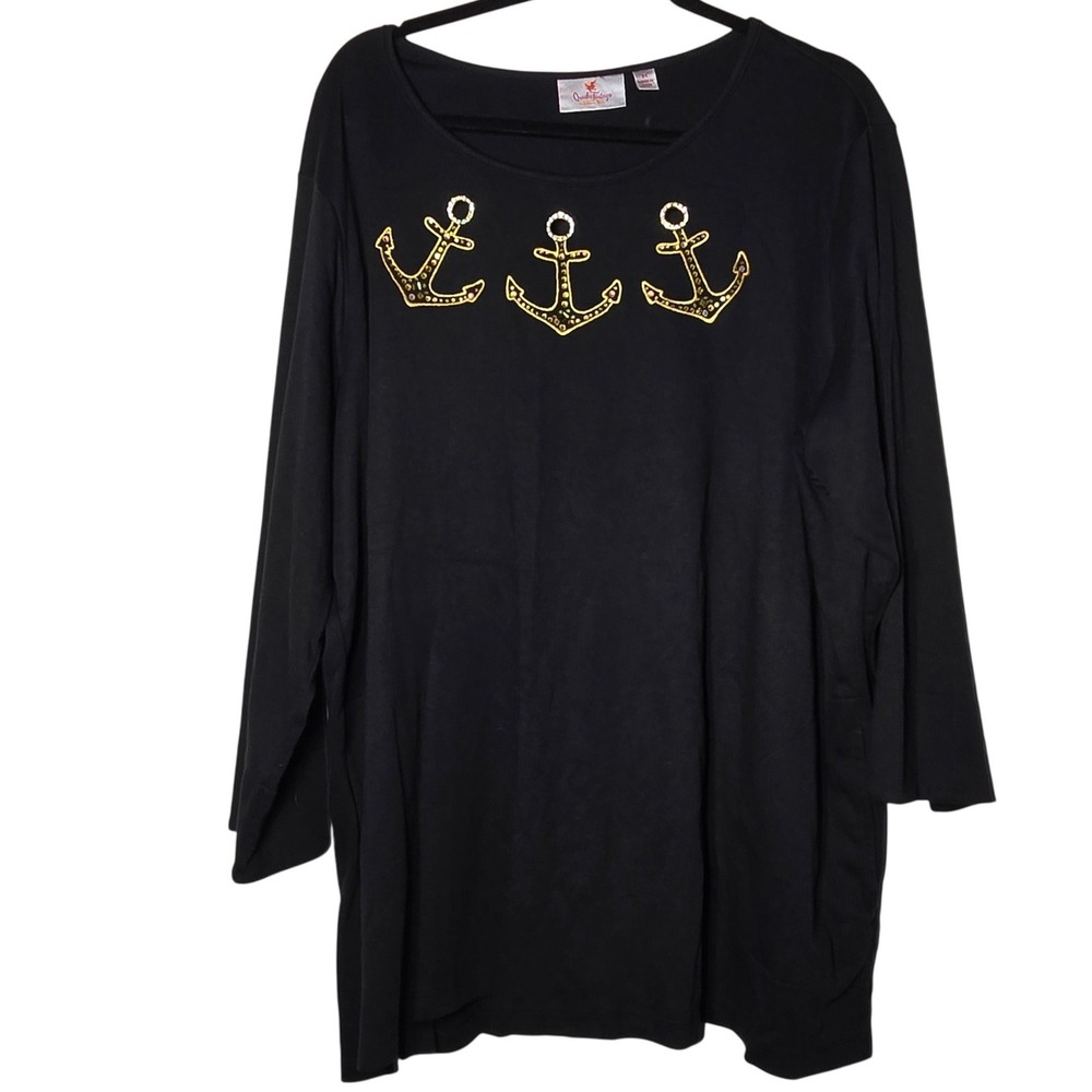 Quacker Factory Black Anchor Rhinestone Top Plus 3X Nautical Pockets Coastal